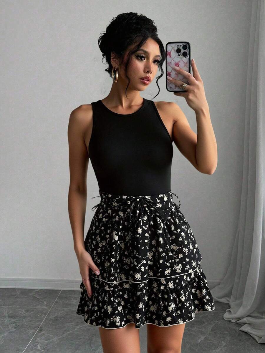 Mujer Floral Color Block Multi Layered Vest Cami Dresses - Negro - Ver 1