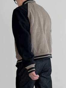 Men's Autumn/Winter Fashion Casual Windproof Wool Blend Colorblock Baseball Jacket, Essential For Daily Commute, Custom Ribbed Patchwork Design, Great Gift