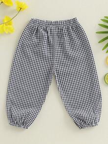 Newborn Toddler Gingham Checkered Pants Baby Girl Boy Jogger Harem Pants Infant Kids Plaid Trousers Summer Fall Bottoms - 黑色 - 查看 2