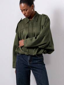 Se-Hore Women's Fashionable Versatile Velvet Collar Casual Bomber Jacket - Military Green, Autumn/Winter - Army Green - View 7