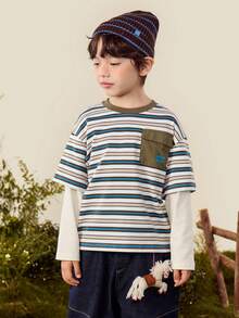 mini bala Boys Two-Layer Cotton Long Sleeve Tee Soft Breathable Stylish Casual Top - Coffee White Tone - View 2