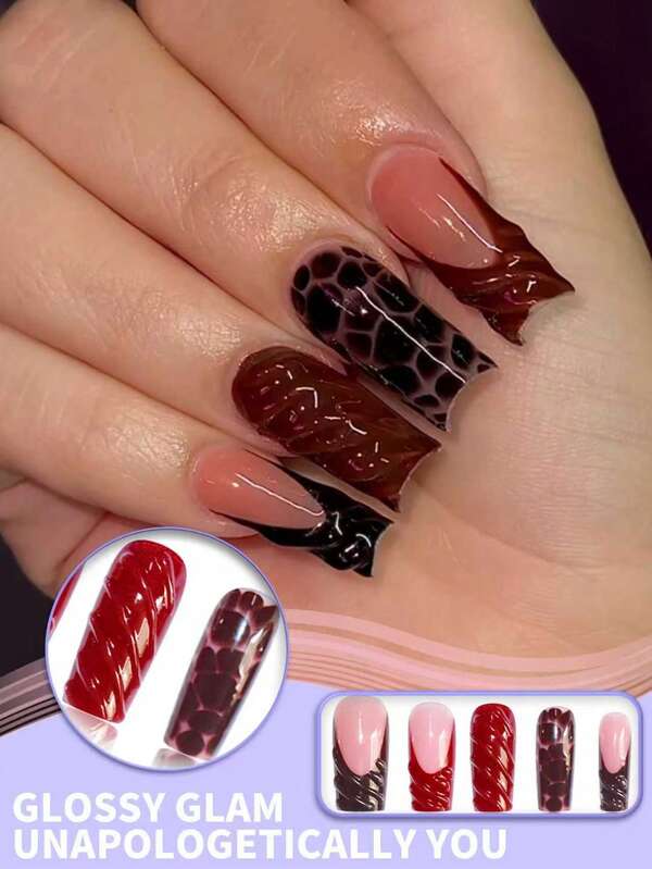 24 uñas postizas cuadradas medianas, mezcla de rojo brillante y marrón con textura 3D de cocodrilo, efecto de piel de serpiente y diseño de remolino, fácil de aplicar con pegatinas adhesivas y lima mini para fiestas y uso diario