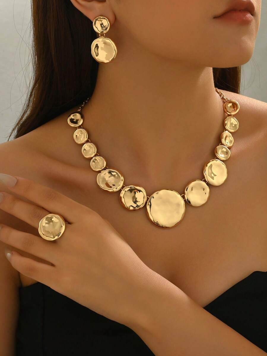 2pcs/Set Autumn/Winter Geometric Asymmetrical Circle Glossy Uneven Metallic Splice Bib Necklace, Earrings, Ring Elegant Jewelry Set, Metallic Style Jewelry Set For Women - Yellow Gold - View 1