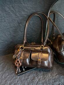 Vintage One Shoulder Bag, Multi-Pocket, Women's Bag, Faux Leather Material, Solid Color Retro, Large Capacity Women's Shoulder Bag, Comes With Pendant (Pendant May Vary Slightly By Batch)