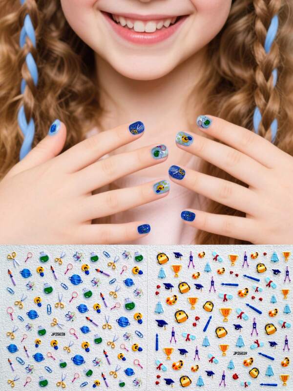 2 feuilles Fournitures scolaires 5D Motif de règle de crayon Éléments Autocollants pour ongles pour cadeaux Autocollants d'art pour ongles de dessin animé pour ongles Femmes Enfants Fournitures DIY pour ongles pour cadeaux pour enfants