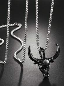 1pc Punk Hip-Hop Bull Head Pendant Stainless Steel Necklace, Men's Fashion Stainless Steel Necklace - Black - View 4