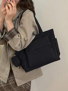 1 chiếc túi xách unisex dung tích lớn kèm ví, kiểu dáng Hàn Quốc mới, balo dành cho sinh viên, túi đeo chéo thường ngày, túi vải bố có ngăn đựng laptop, nhẹ và có thể gấp gọn, kiểu dáng cổ điển, cần thiết cho thanh thiếu niên, nữ sinh viên và giáo viên. - màu đen - Xem 4