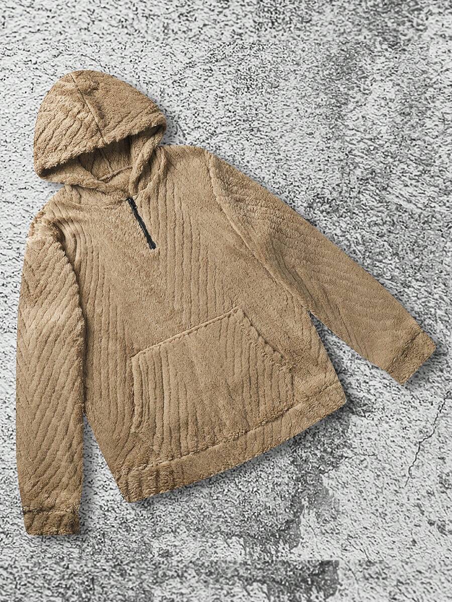 Essential! Light Brown Half-Zip Fleece Sweatshirt, 3D Textured Design + Hooded Style, Streetwear Vibes - Khaki - View 1
