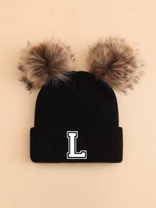 1 pieza Gorro de punto personalizado con letra A-Z para niños, gorro de punto suave y cómodo con doble pompón, adecuado para otoño/invierno, vuelta al colegio, cálido y a prueba de viento para niños y niñas