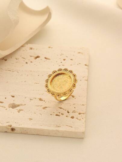 1 pieza Anillo abierto de aleación de cobre vintage y elegante chapado en oro con diseño de flor y patrón de arroz, adecuado para uso diario de mujeres, bodas y regalos de vacaciones