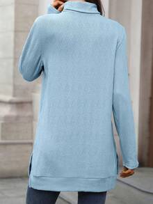Womens Knit Tops Fall Long Sleeve Turtleneck Solid Color Slit Hem Casual Pullover Sweater - 淺藍色 - 查看 6