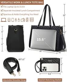 Lunch Tote Bag For Women, 15.6 Inch Laptop Work Bag With Insulated Lunch Box Compartment & Purse Large Capacity Quilted Computer Handbag For Office Business Work Nurse Teacher Moms Travel Casual - màu đen - Xem 2