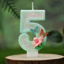 1 pièce Bougie numéro d'anniversaire, bougie de gâteau d'anniversaire avec papillon vert clair et fleurs, bougie à paillettes pour décoration de gâteau, convient pour les fêtes d'anniversaire des filles et des femmes