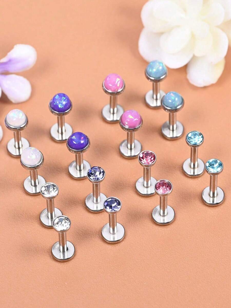 CIZME 8 件不锈钢 6 毫米耳屏钉软骨钉前耳轮耳环杠铃唇环穿孔饰品男女适用 - 銀色 - 查看 1