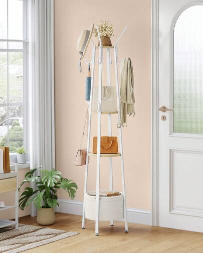 HEXCELEN Perchero, perchero de pie con 3 Estantes, 16 Ganchos, 1 Cesta, 33 x 33 x 182,5 cm, para Bufandas, Bolsos, Sombreros, para Entrada, Salón, Dormitorio, Blanco