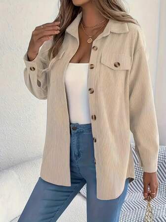 Chaqueta suelta de pana de unicolor simple para uso diario y casual, con hombros caídos, para otoño