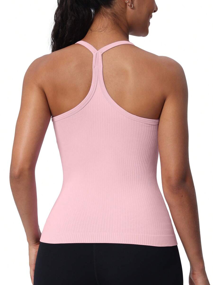 Camisetas sin mangas para entrenamiento para mujer, sujetadores incorporados, camisetas sin mangas deportivas con espalda cruzada y relleno, camisetas de yoga acanaladas - Rosa claro - Ver 1