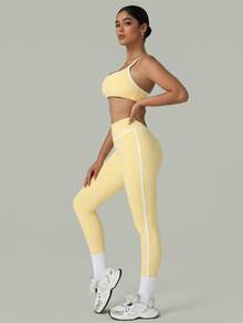 2 PCS CO Ord Set Spring And Summer Women Fashion White Line Yoga Sports Bra And Legging - 黃色 - 查看 5