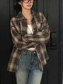 女士秋冬新品畅销休闲复古舒适棉质格子长袖外套 - 咖啡棕 - 查看 5