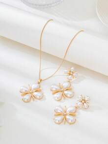 3pcs Vintage High-End Design Faux Pearl Flower Earrings & Necklace Set, Suitable For Women's Party Wear