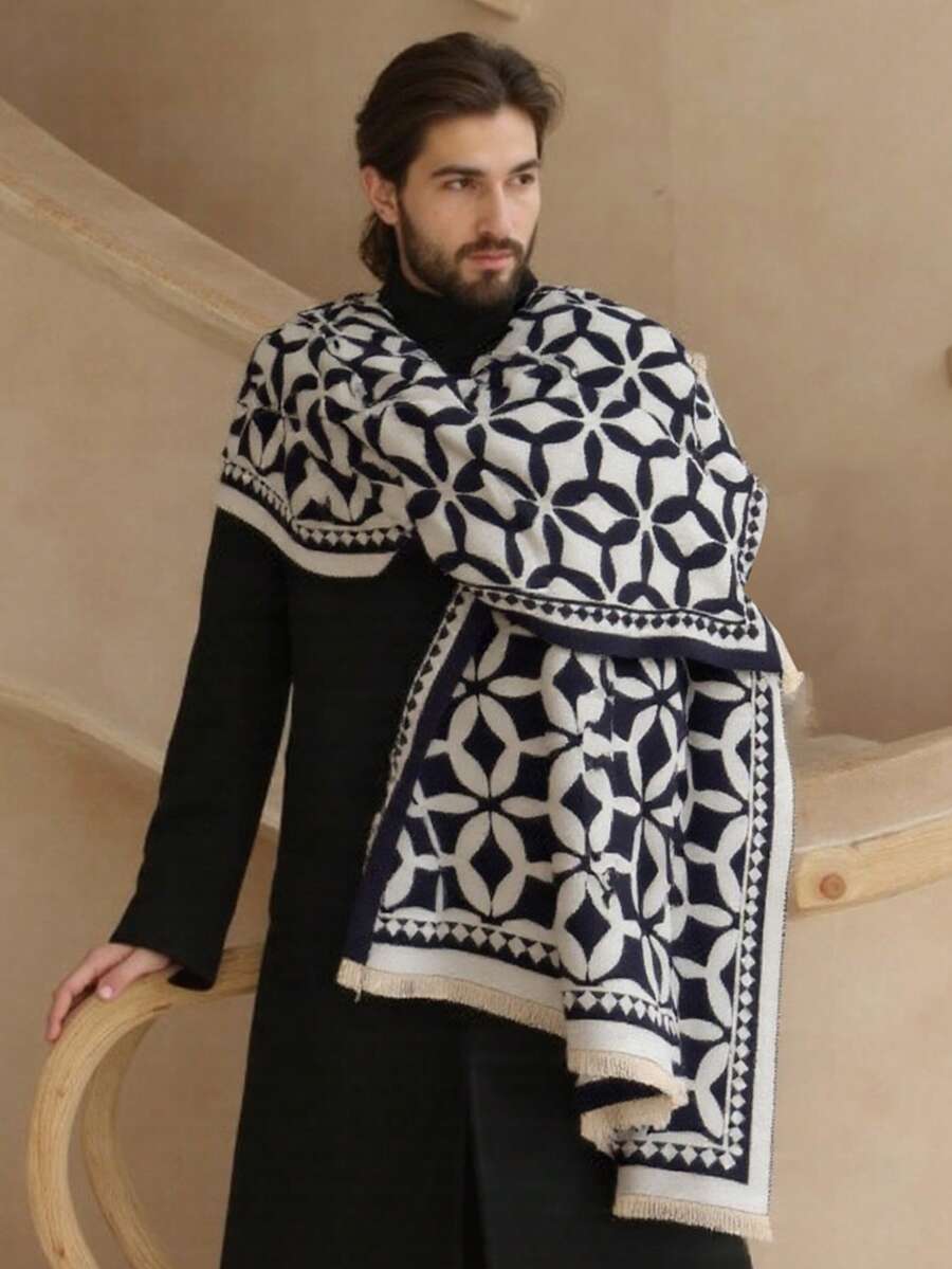 1pc Men's Minimalist Geometric Jacquard Faux Cashmere Warm Scarf, Fashion Versatile For Office, Street, Autumn/Winter, Suitable For Daily Matching - Multicolor - View 1