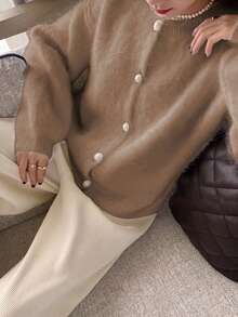 全新秋冬宽松优雅纽扣开衫