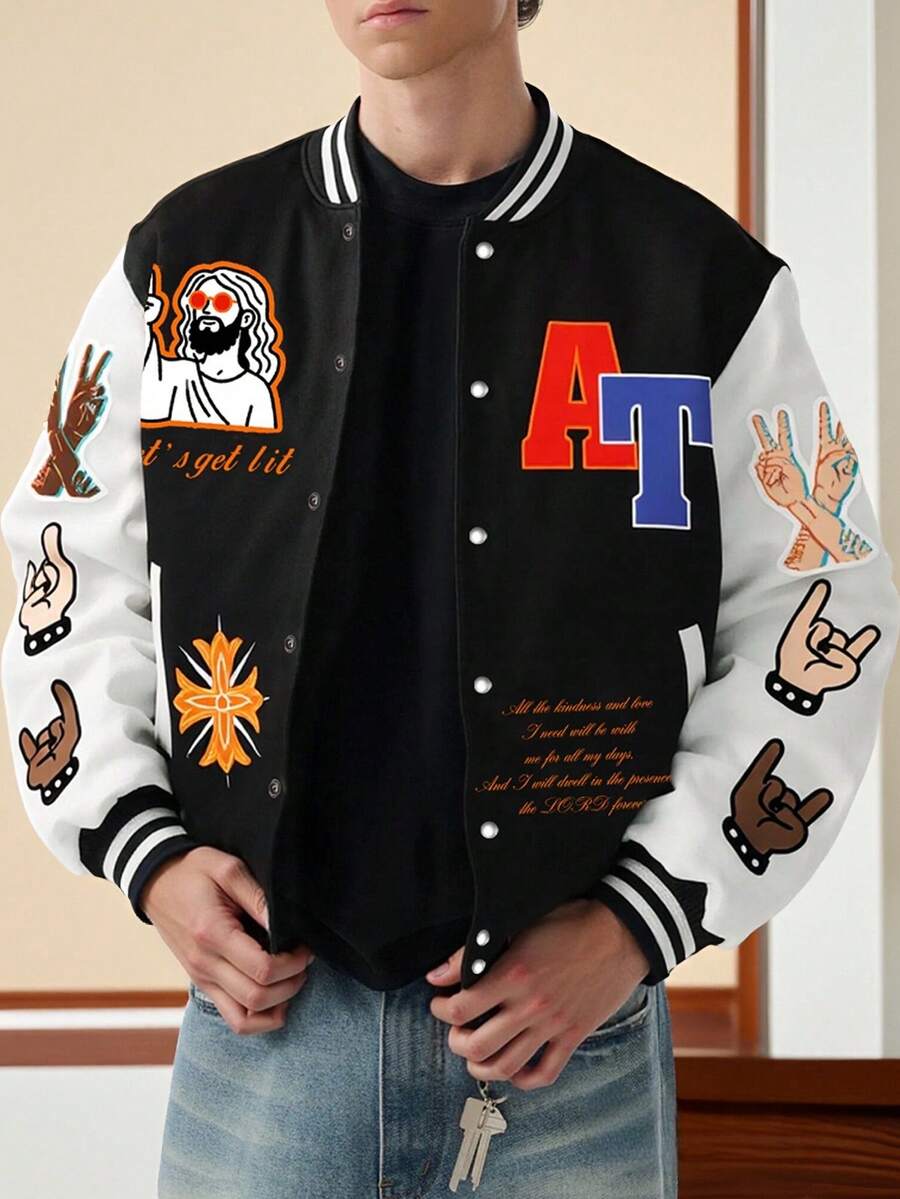 Men's American Baseball Long Sleeve Jacket, Varsity Bomber Jacket For Spring And Autumn - Black - View 1