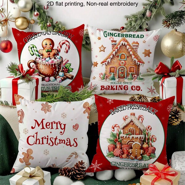 MEMNUN 4pcs Christmas Gingerbread Man, Gingerbread House, Candy Cane, Bell Merry Christmas Printed Pillow Covers [No Pillow Insert], 17.7*17.7in(45*45cm), [Single-Sided Printing] Merry Christmas Polyester Throw Pillow Covers, Christmas Decor, Room Decor, Home Decor, Bedroom Decor, Room Decoration Stuff For Sofa, Living Room, Bedroom, Car, Office, Hotel, Homestay, Great Christmas Gift For Family And Friends