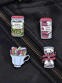 4Pcs Book Fund So Many Books Enamel Pins The Teacup Is Filled With Books Custom Brooches Lapel Backpack Badge Jewelry Gift For Friend - Multicolor - View 6