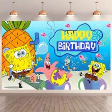 SPONGEBOB 1pc SpongeBob Birthday Backdrop, Holiday Party Decorations, Scene Setup Props, Cartoon SpongeBob Birthday Banner, Party Decorations, Birthday Backdrop