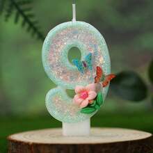 1 pièce Bougie numéro d'anniversaire, bougie de gâteau d'anniversaire avec papillon vert clair et fleurs, bougie à paillettes pour décoration de gâteau, convient pour les fêtes d'anniversaire des filles et des femmes