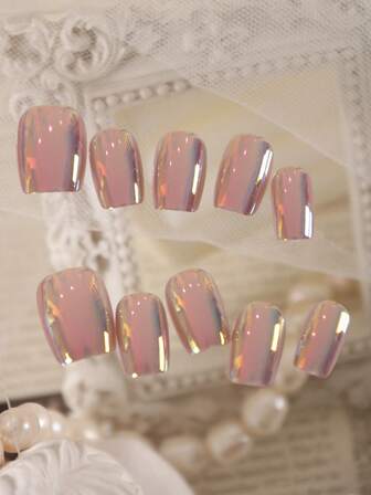 XEERCOOU 10pcs Press On Nails Fake Nails Aurora Changeable Color Laser Style Cat's Eye Blue Red Office DailyWear False Nails Artificial Nails Kit Includes 1sheet Adhesive Tabs &1 Pc Mini File