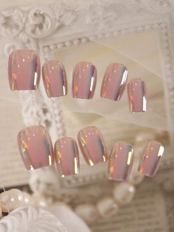 XEERCOOU 10pcs Press On Nails Fake Nails Aurora Changeable Color Laser Style Cat's Eye Blue Red Office DailyWear False Nails Artificial Nails Kit Includes 1sheet Adhesive Tabs &1 Pc Mini File