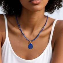 Collar de cuentas vintage hecho a mano de 4 mm con colgante de lapislázuli natural, collar de estilo bohemio para mujer, regalo de cumpleaños/Navidad para la novia, collar gargantilla delicado y único