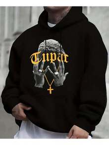 Sudadera Con Capucha De Cuello Redondo Para Hombre Con Estampado De tupar , Bolsillo Canguro Y Cordón, Manga Larga, Suelta Y Casual, Ideal Para Regalar En Otoño E Invierno Como Ropa De Hombre - Negro - Ver 1