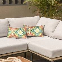 Outdoor/Indoor Throw Pillows, 18x18 Square Pillows With Inserts Bed, Couch, Sofa & Patio Furniture (Set Of 2, Monstera Blue), Decorative Pillows - 幾何橙色 - 查看 6