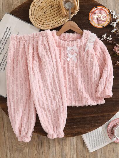 2 Pieces/Set Of Fashionable, Sweet And Cute Plush Warm Home Clothes For Girls, With A Bow And Square Collar Design Top Paired With Elastic Ankle Cuffs, Perfect For Daily Wear At Home In Autumn And Winter, And Also Suitable As A Warm Gift For Young Girls