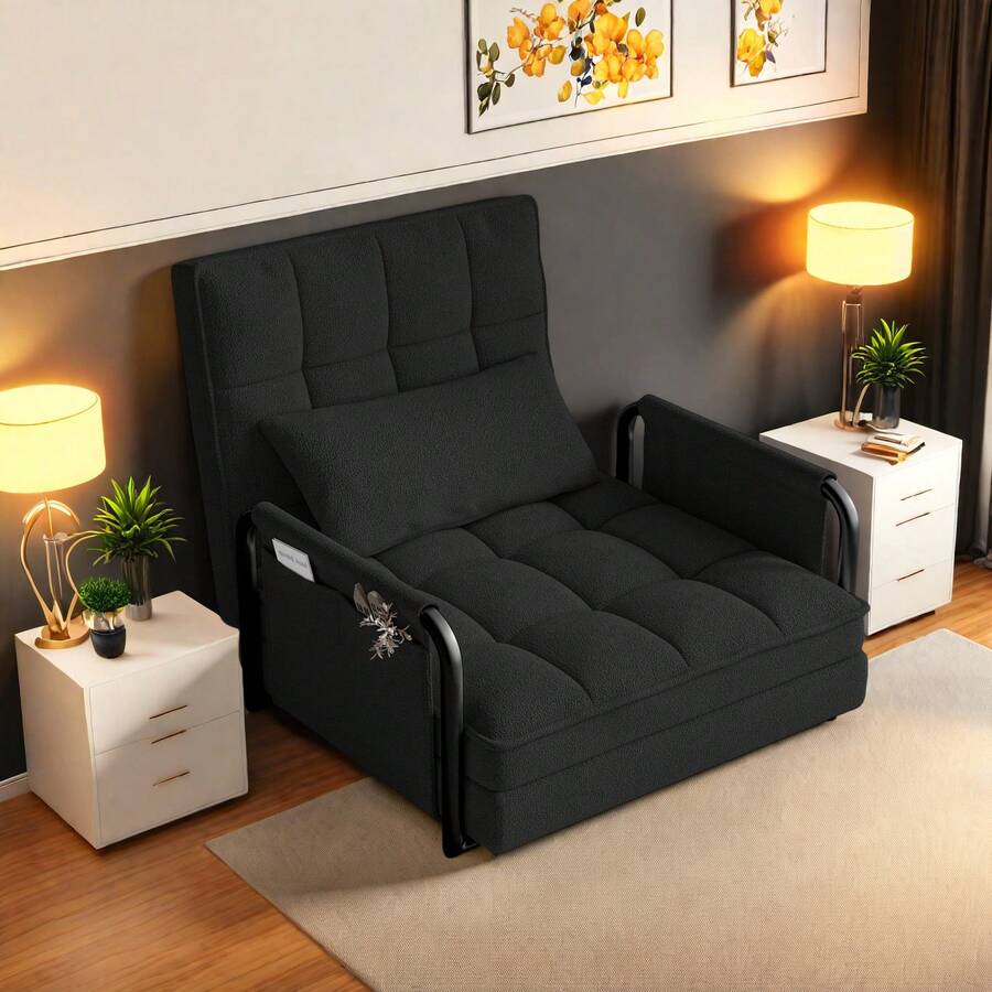Klappbares Bodensofa, 2-in-1 Schlafsofa mit 5-stufig verstellbarer Rückenlehne, Schlafbereichsfunktion, Gästesofa, Loungesofa, gepolstertes Schlafsofa für Wohnzimmer, Schlafzimmer, Lounge, Balkon - Schwarz