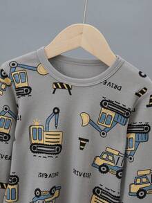 2件套幼儿男童卡通恐龙印花100%纯棉加厚长袖上衣和裤子睡衣套装 - 彩色 - 查看 3