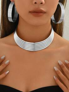 3pcs/Set Geometric Metal Exaggerated Gold Tone Choker Necklace & Earrings Set - Silver - View 2