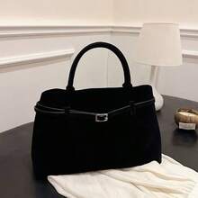 复古时尚大容量仿麂皮手提包，欧美复古麂皮绒面手提包，通勤、休闲、日常、旅行皆宜 - 黑色 - 查看 4