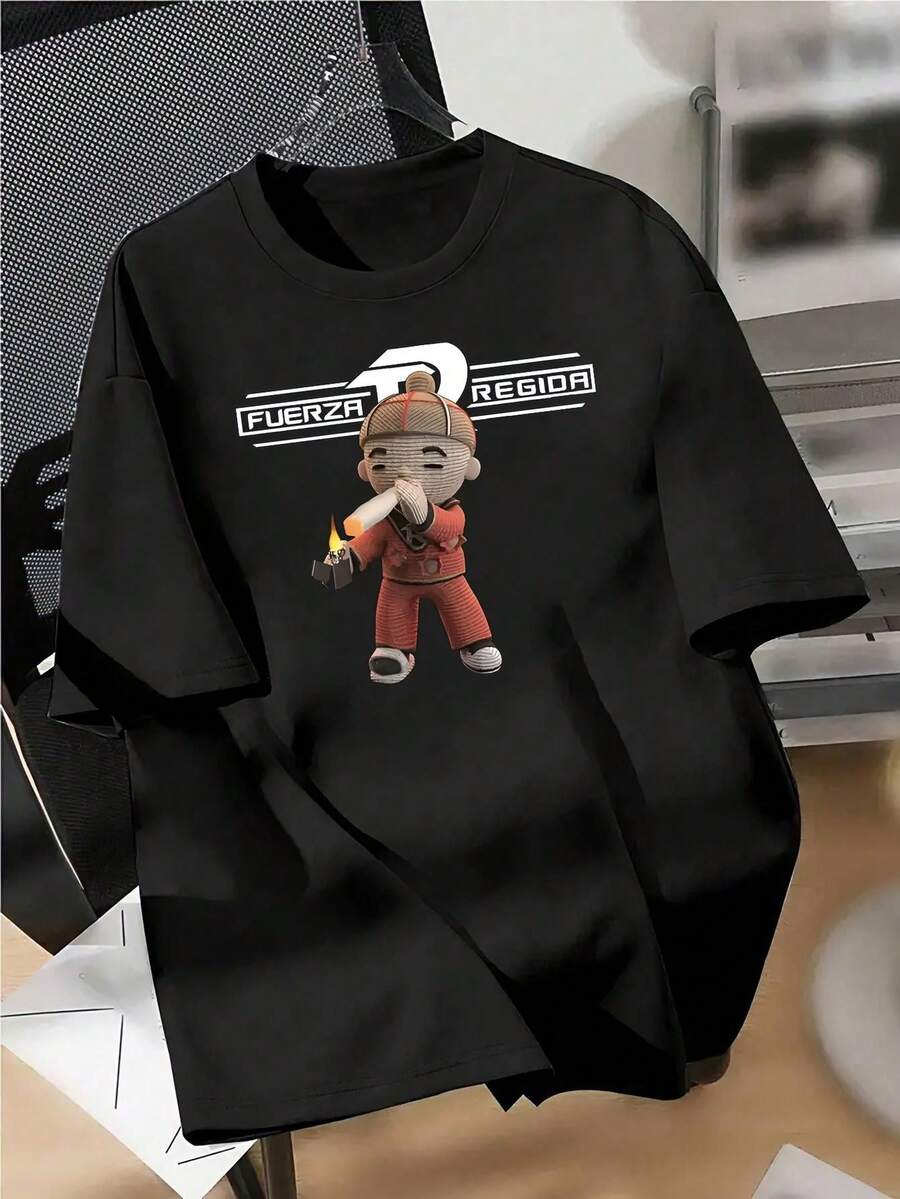 1 camiseta gráfica con estampado digital para mujer Muñeco, cigarro, fuego, texto. Camiseta casual de cuello redondo y manga corta. Camiseta de algodón ligera para las cuatro estaciones, lavable a máquina, no lavar en seco. - Negro - Ver 1