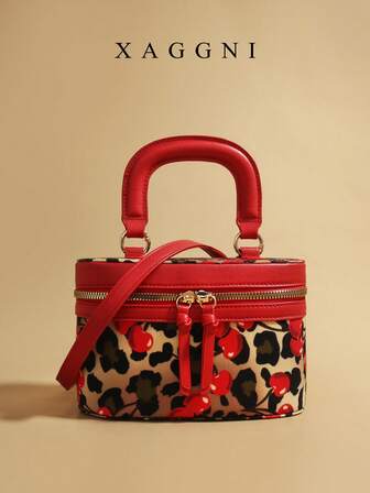 XAGGNI 1pc 2025 New Handmade Leopard Print Cherry Box Bag, Must-Have For Cool Girls, Vintage Leopard Print Cherry Handbag & Shoulder Bag, Fashionable Box Shape Design, Unique And Stylish, Convenient Zipper Design, Detachable Strap For Versatile Carrying