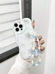奶油色纹理波浪边亮面雪花图案防摔手机壳，配手工串珠手链配件 - 彩色 - 查看 3