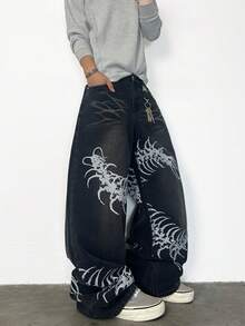 1pc Retro American Cat Whisker Print Men's Wide Leg Jeans, Casual Street Style Loose Fit Washed Denim Pants (Belt And Accessories Not Included)