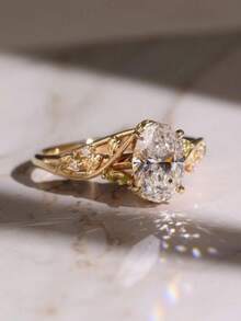 1pc Oval Shaped Engagement Ring, Golden Leaf Vine Design, Unique Floral Ring, Plant Ring, Anniversary Gift For Her