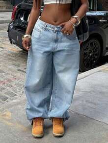 MYOURSA Y2K宽松阔腿牛仔裤，高腰做旧复古街头休闲风，浅蓝色女款 - 淺色水洗藍 - 查看 3