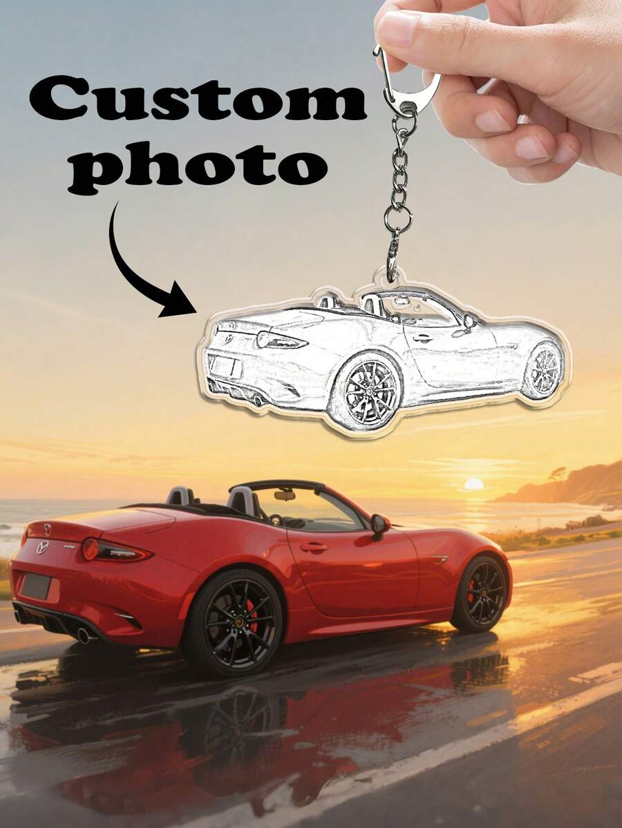 1pc Personalized Car Photo Keychain For Men - Black and White - View 1