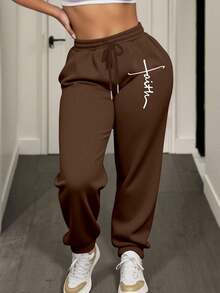 Ladies Casual Sports Autumn And Winter Warm And Fleece Sweatpants Letter Printed Fashion All-Match Fleece Sweatpants - Coffee Brown - View 6