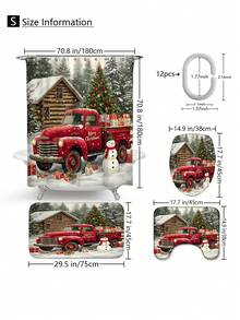1 pièce/4 pièces Ensemble de rideaux de douche avec camion rouge vintage et sapin de Noël, rideau de douche imprimé avec 12 crochets, tapis de bain antidérapant, tapis en U et housse de siège de toilette ronde, ensemble de salle de bain pour toutes les occasions